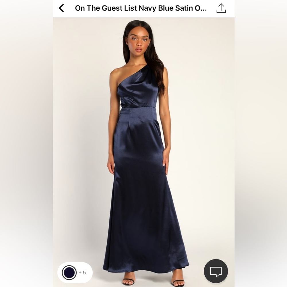 NWT LULUS On the Guest List Navy Blue Satin One Shoulder Maxi